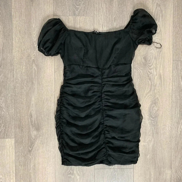 Lioness Mini Dress Black Ruched Gathered Off Shoulder puff Sleeve Size Medium - Picture 7 of 12